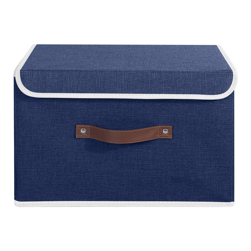 ANMINY Storage Bin with Lid Storage Boxes with PU Leather Handles PP Plastic Board Decorative Foldable Lidded Cotton Linen Fabric Home Cubes Baskets Closet Organizer Container - Blue, Large Size - Image 2