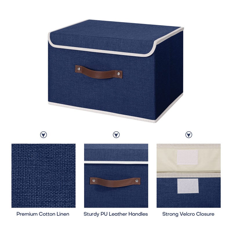 ANMINY Storage Bin with Lid Storage Boxes with PU Leather Handles PP Plastic Board Decorative Foldable Lidded Cotton Linen Fabric Home Cubes Baskets Closet Organizer Container - Blue, Large Size - Image 3