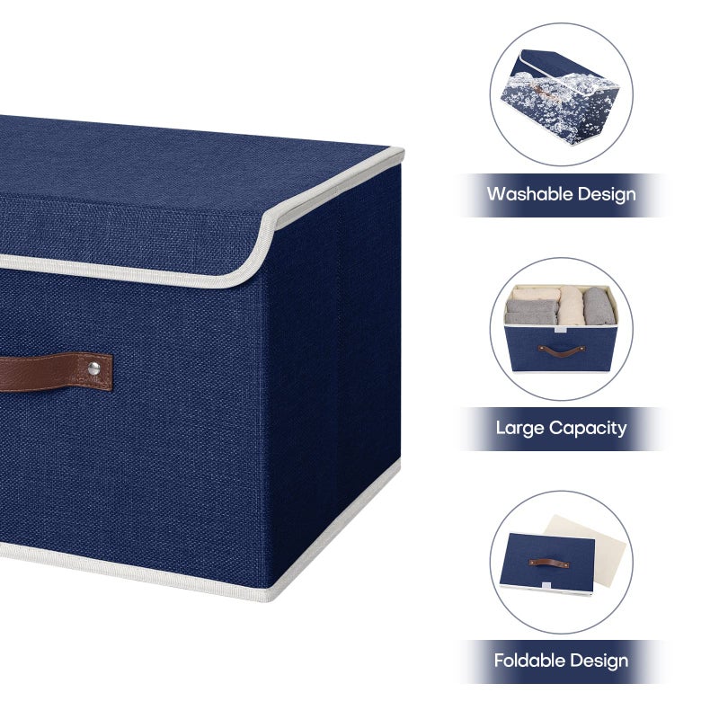 ANMINY Storage Bin with Lid Storage Boxes with PU Leather Handles PP Plastic Board Decorative Foldable Lidded Cotton Linen Fabric Home Cubes Baskets Closet Organizer Container - Blue, Large Size - Image 4