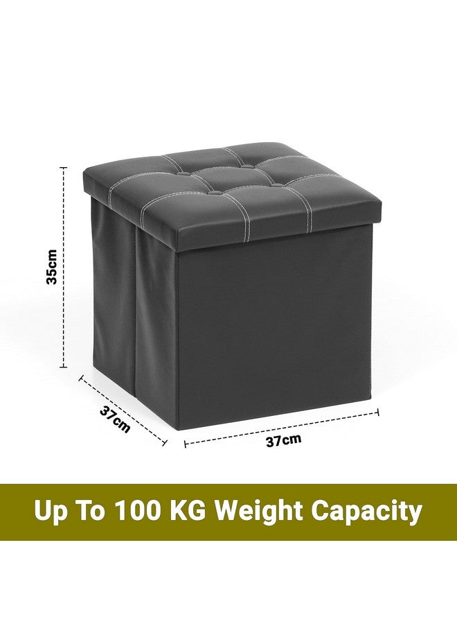 Livzing Livzing Foldable Ottoman with Lid - Multi-Functional Collapsible Footrest Stool Storage Box - Flip-Top Faux Leather Cube for Living Room - Black  - Image 2