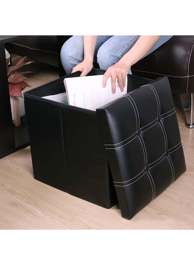 Livzing Livzing Foldable Ottoman with Lid - Multi-Functional Collapsible Footrest Stool Storage Box - Flip-Top Faux Leather Cube for Living Room - Black  - Image 4