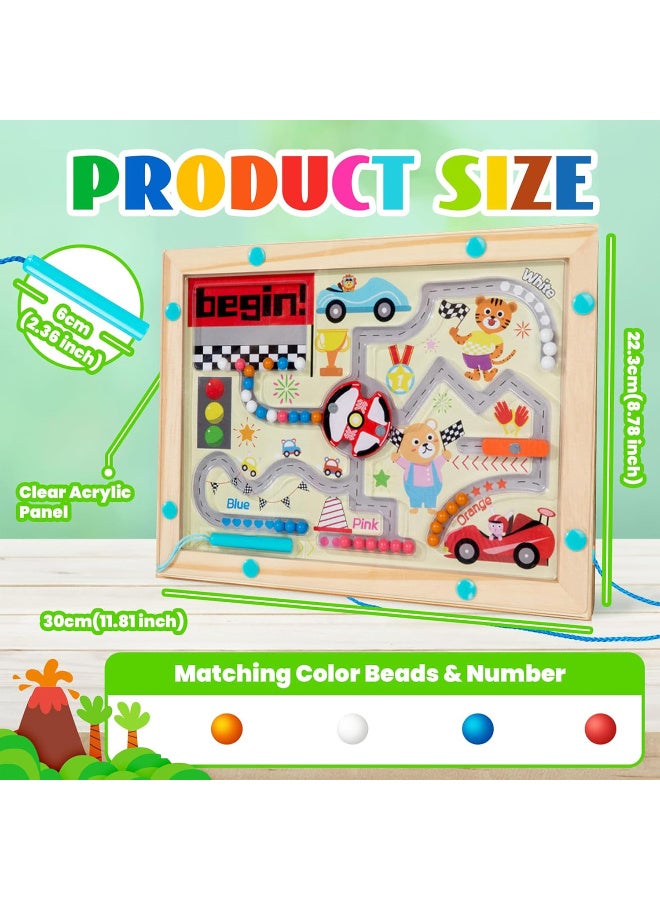 بيجن لعبة سباق السيارات المغناطيسية من مونتيسوري الخشبية للأطفال من سن 3 سنوات فما فوق، لعبة تعلم المهارات الحركية الدقيقة والألوان مع مسار وقلم مغناطيسي وطلاء أكريليك متين - Image 3