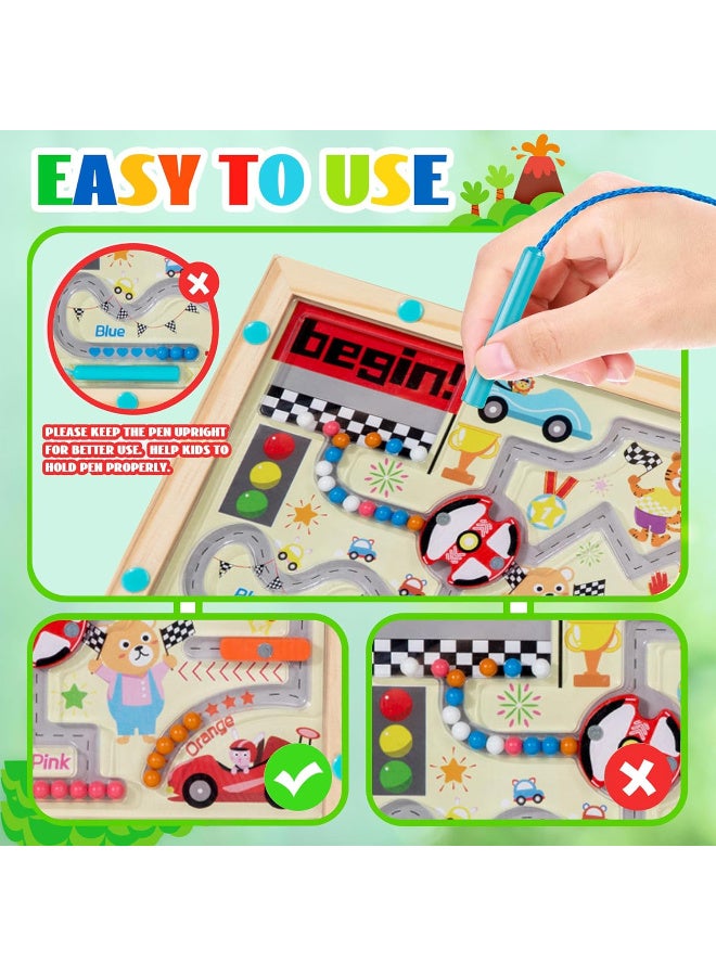 بيجن لعبة سباق السيارات المغناطيسية من مونتيسوري الخشبية للأطفال من سن 3 سنوات فما فوق، لعبة تعلم المهارات الحركية الدقيقة والألوان مع مسار وقلم مغناطيسي وطلاء أكريليك متين - Image 2