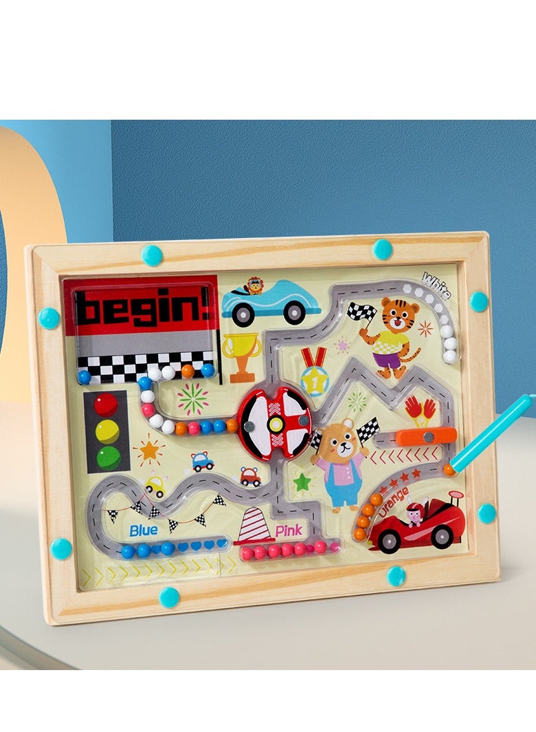 بيجن لعبة سباق السيارات المغناطيسية من مونتيسوري الخشبية للأطفال من سن 3 سنوات فما فوق، لعبة تعلم المهارات الحركية الدقيقة والألوان مع مسار وقلم مغناطيسي وطلاء أكريليك متين - Image 1