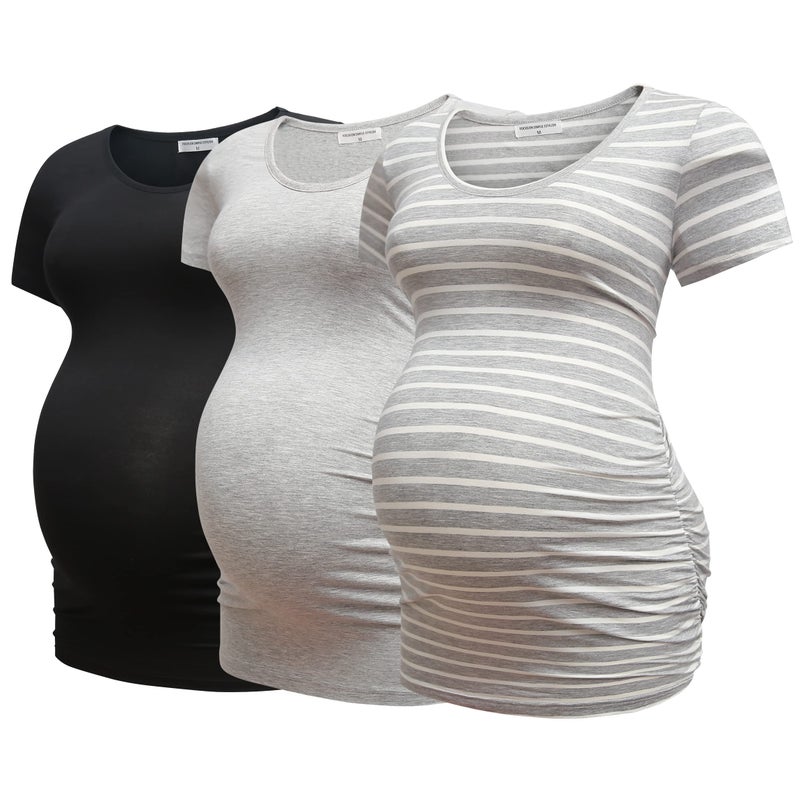 Bearsland Womens Maternity Tshirt 3 Packs Classic Side Ruched Tee Top Mama Pregnancy Clothes,Black+LightGray+graywitstripe,S
