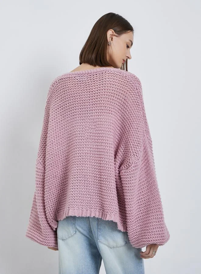 Styli Pink Pink Boxy Fit Chunky Knit Cardigan for Women | Best Price UAE