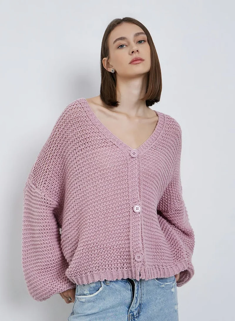 Styli Pink Boxy Fit Chunky Knit Cardigan