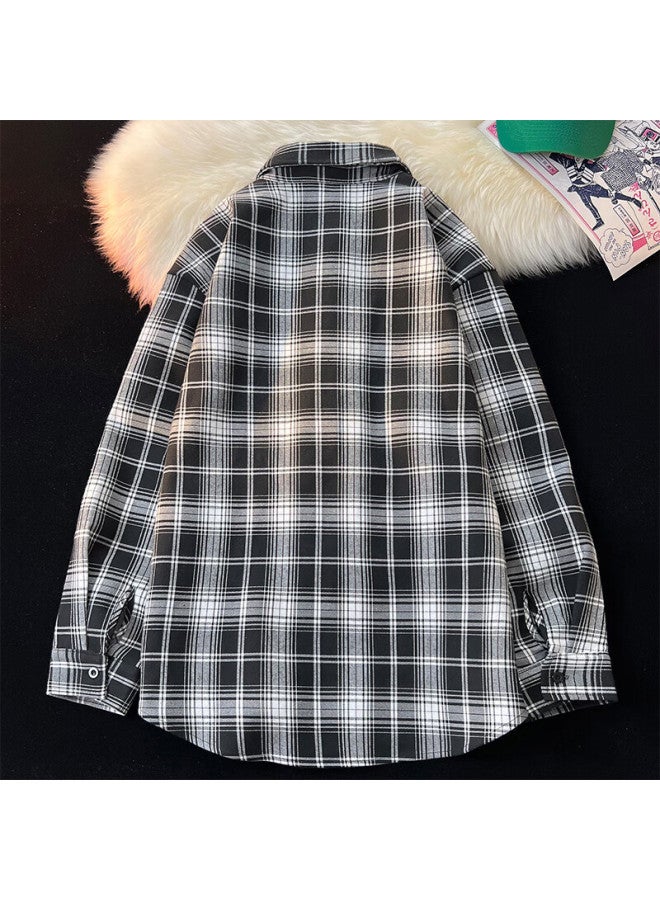 Swamp Area Retro Plaid Shirt For Men, Spring And Autumn Loose Casual Hong Kong Style Cool Long-sleeve Shirt Jacket, Cs006 Black, M - Image 2