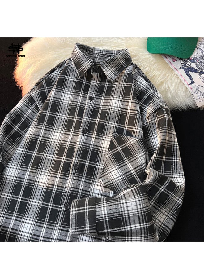 Swamp Area Retro Plaid Shirt For Men, Spring And Autumn Loose Casual Hong Kong Style Cool Long-sleeve Shirt Jacket, Cs006 Black, M - Image 1