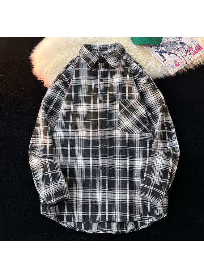 Swamp Area Retro Plaid Shirt For Men, Spring And Autumn Loose Casual Hong Kong Style Cool Long-sleeve Shirt Jacket, Cs006 Black, M - Image 3
