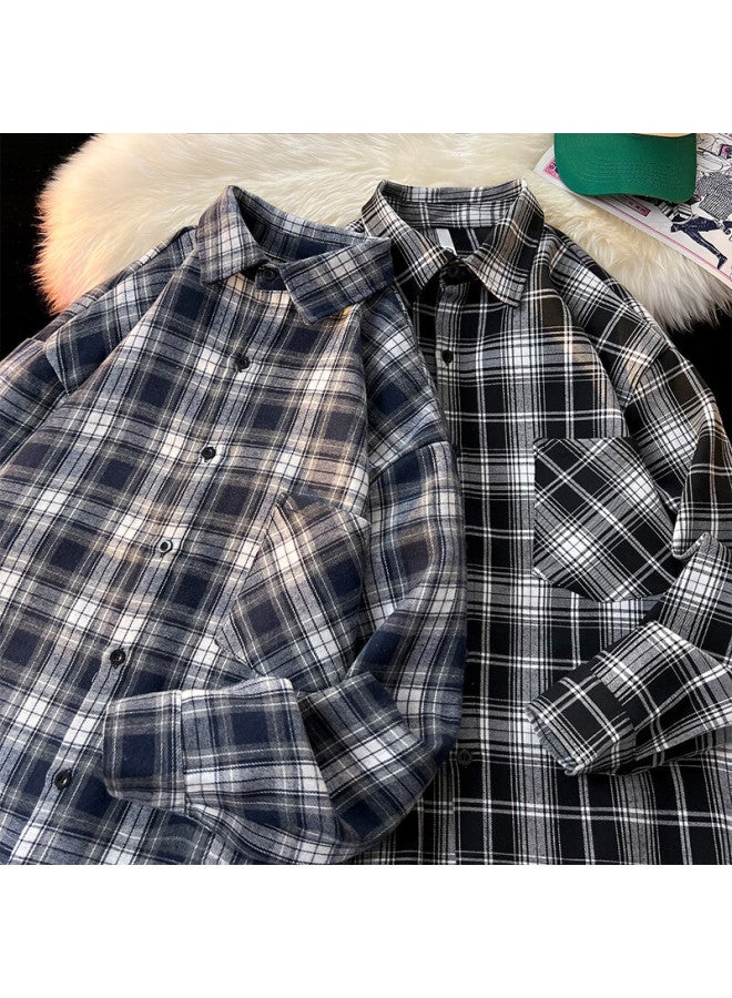 Swamp Area Retro Plaid Shirt For Men, Spring And Autumn Loose Casual Hong Kong Style Cool Long-sleeve Shirt Jacket, Cs006 Black, M - Image 4