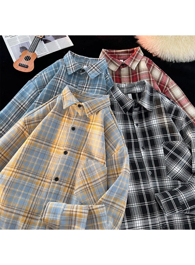 Swamp Area Retro Plaid Shirt For Men, Spring And Autumn Loose Casual Hong Kong Style Cool Long-sleeve Shirt Jacket, Cs006 Black, M - Image 5