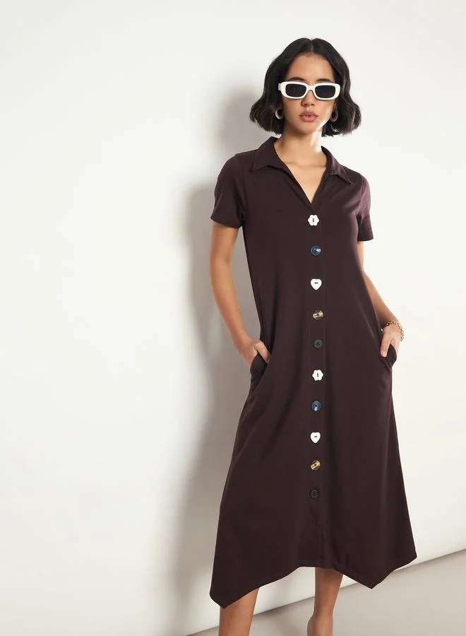 Sassafras Coffee Brown Textured Button Down Midi Dress