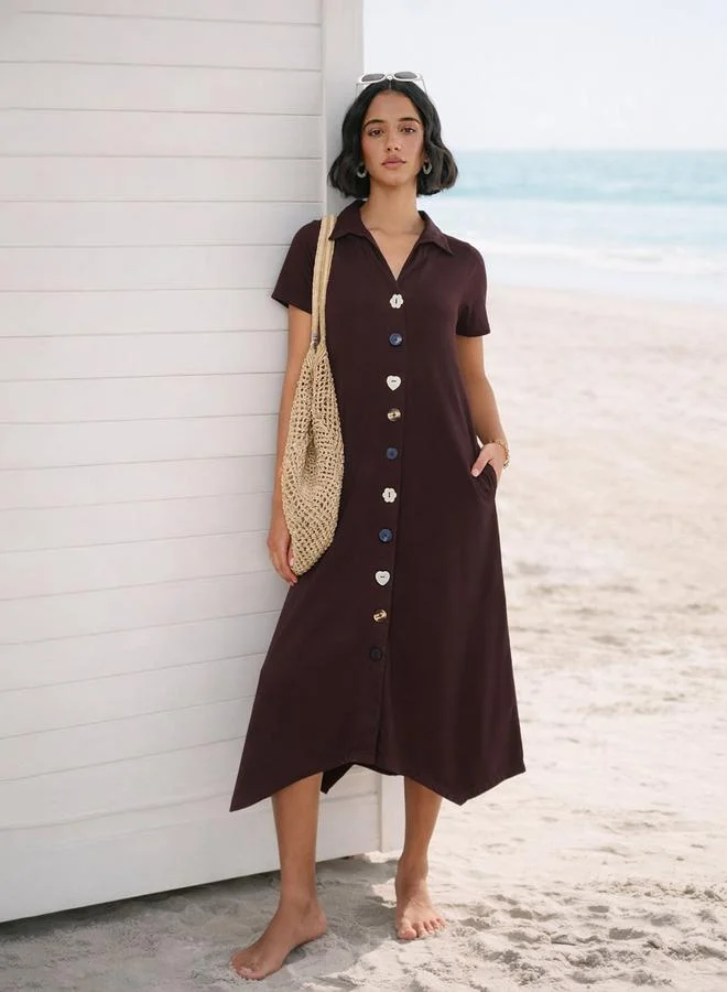 Sassafras Coffee Brown Textured Button Down Midi Dress
