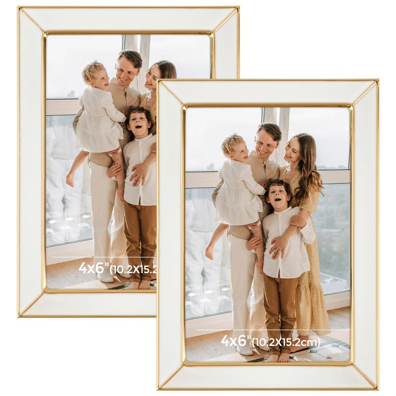 Frametory Enamel Picture Frame - 4x6 Gold Metal Edge White Enamel Picture Frame With Easel and Velvet Back for Tabletop Display, Bookshelf, 4x6 Wall Decoration, Photo Frames-2 Set - Image 1