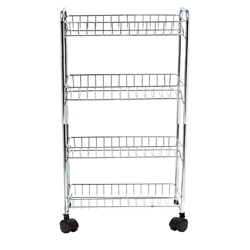 GLOCY 4 Tier Kitchen Trolly Multipurpose Stainless Steel Portable Storage Floor Standing Or Tabletop RackTrolley with Wheels for Kitchen Storage Tiered Shelf 4 Shelf Trolley Silver - Image 1