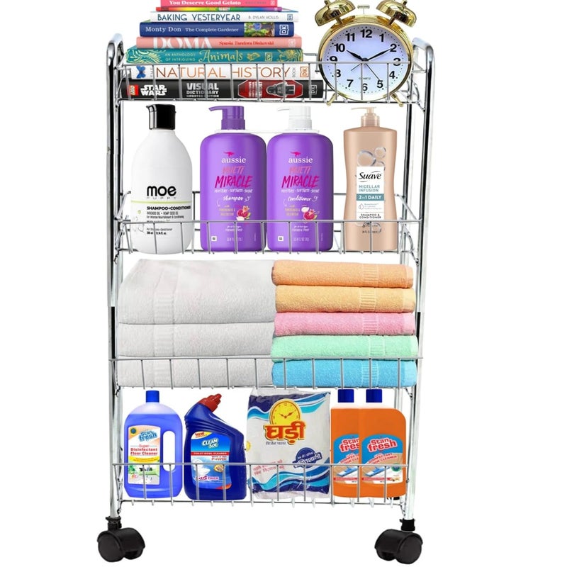 GLOCY 4 Tier Kitchen Trolly Multipurpose Stainless Steel Portable Storage Floor Standing Or Tabletop RackTrolley with Wheels for Kitchen Storage Tiered Shelf 4 Shelf Trolley Silver - Image 3