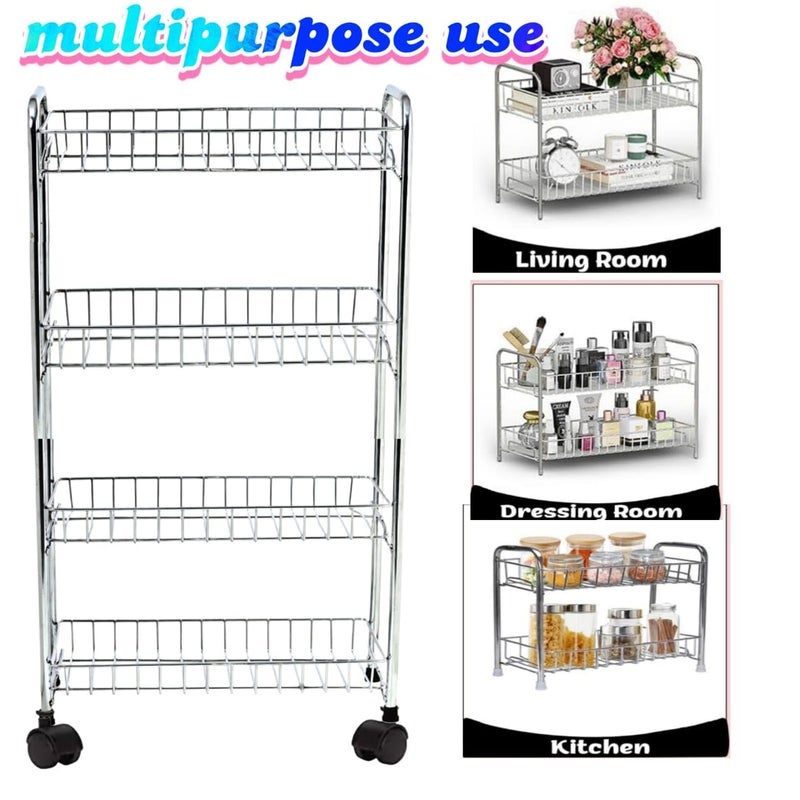 GLOCY 4 Tier Kitchen Trolly Multipurpose Stainless Steel Portable Storage Floor Standing Or Tabletop RackTrolley with Wheels for Kitchen Storage Tiered Shelf 4 Shelf Trolley Silver - Image 4