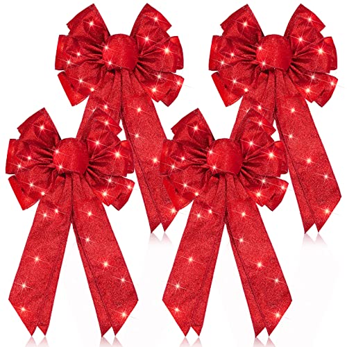 Giegxin 4 Pcs Red Christmas Tree Topper Bow Christmas Ribbon Wreath Bow Lighted LED Door Wall Decor for Indoor Outdoor Winter Xmas Decoration 18 x 10 Inch - Image 1