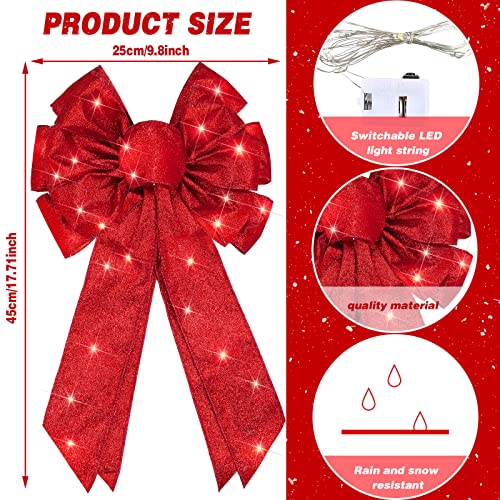Giegxin 4 Pcs Red Christmas Tree Topper Bow Christmas Ribbon Wreath Bow Lighted LED Door Wall Decor for Indoor Outdoor Winter Xmas Decoration 18 x 10 Inch - Image 3