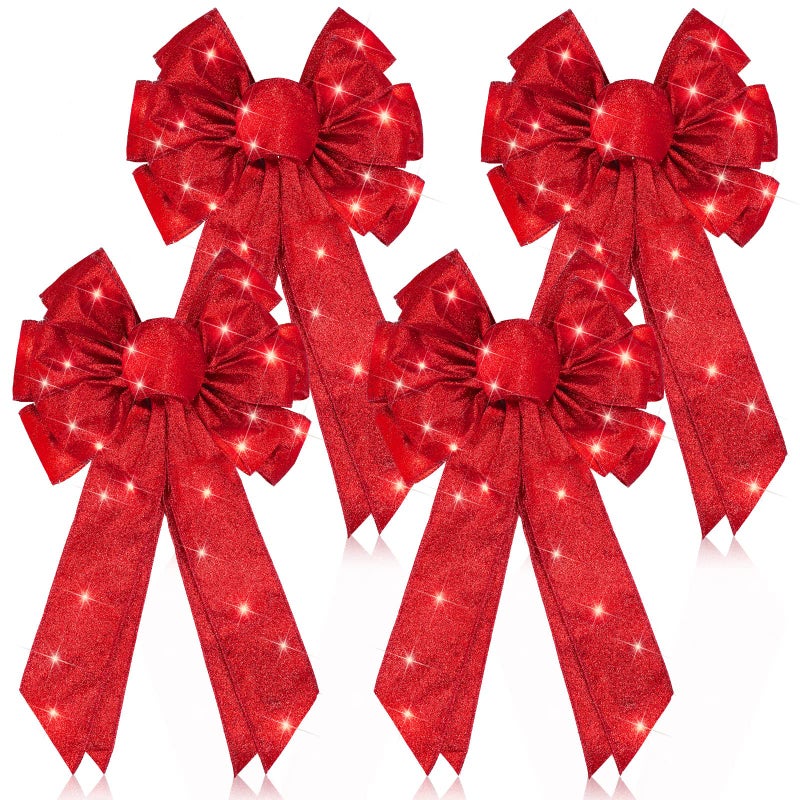Giegxin 4 Pcs Red Christmas Tree Topper Bow Christmas Ribbon Wreath Bow Lighted LED Door Wall Decor for Indoor Outdoor Winter Xmas Decoration 18 x 10 Inch - Image 2