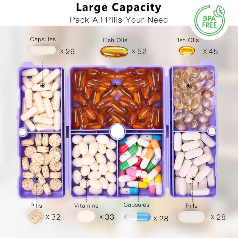 FYY Daily Pill Organizer,7 Compartments Portable Pill Case Travel Pill Organizer,[Folding Design] Large Pill Box for Purse Pocket to Hold Vitamins,Cod Liver Oil,Supplements and Medication-Purple - Image 2