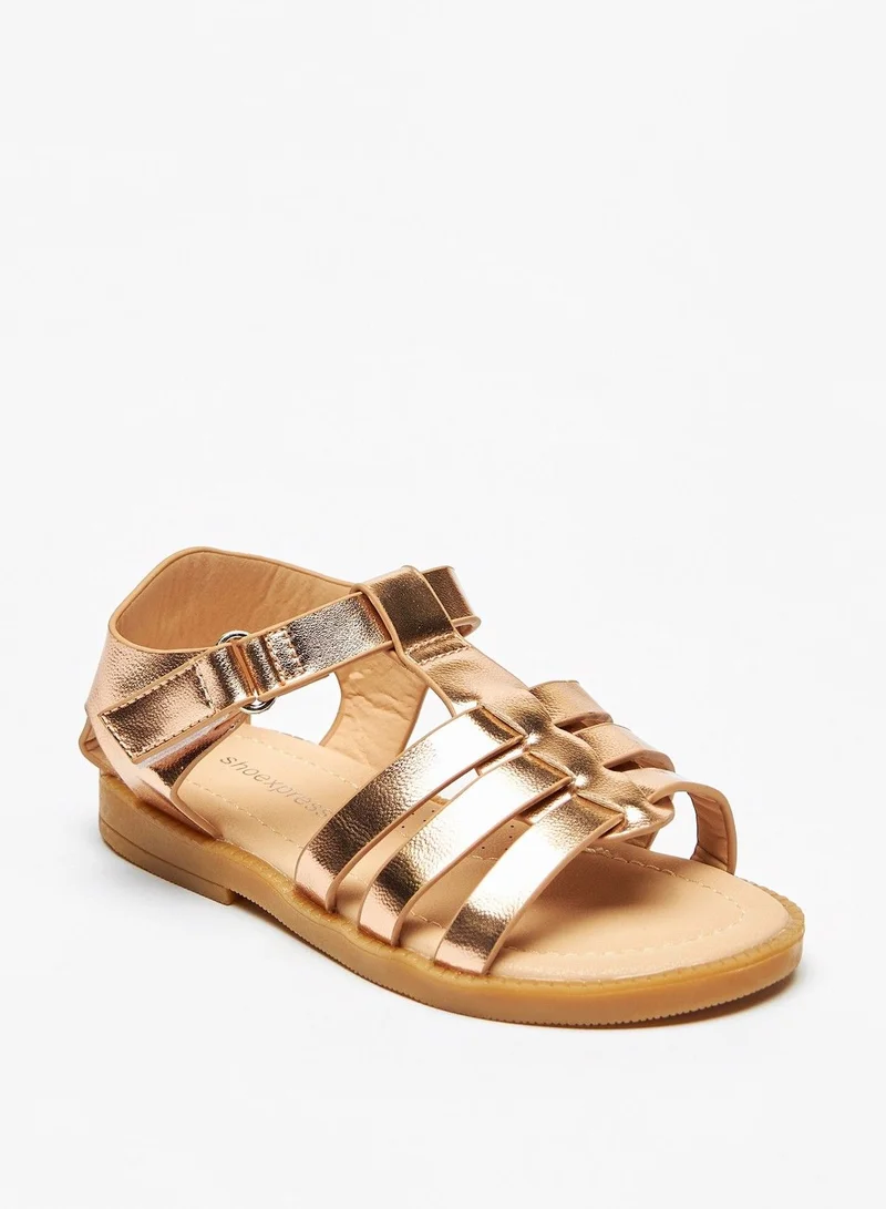 shoexpress Solid Open Toe Sandals with Hook and Loop Closure Rose Gold