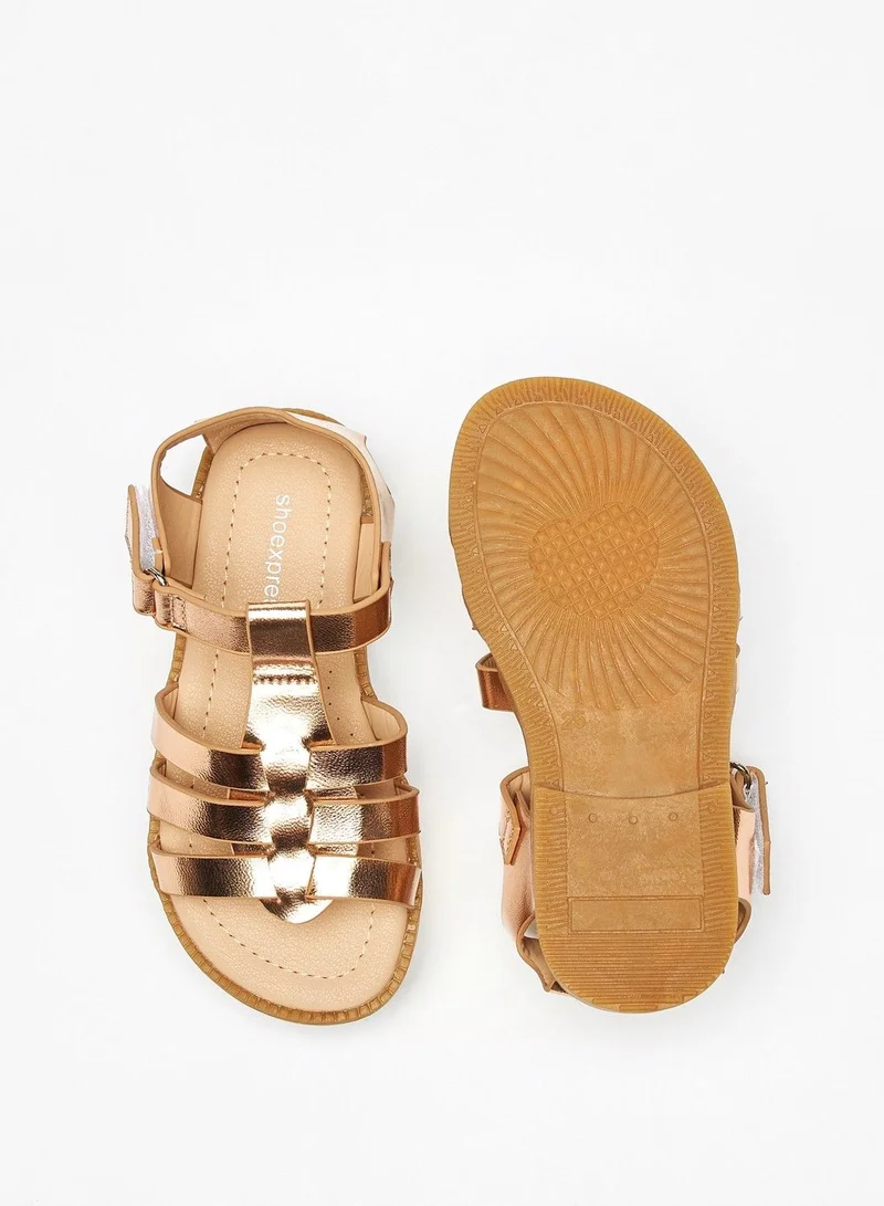 shoexpress Solid Open Toe Sandals with Hook and Loop Closure Rose Gold
