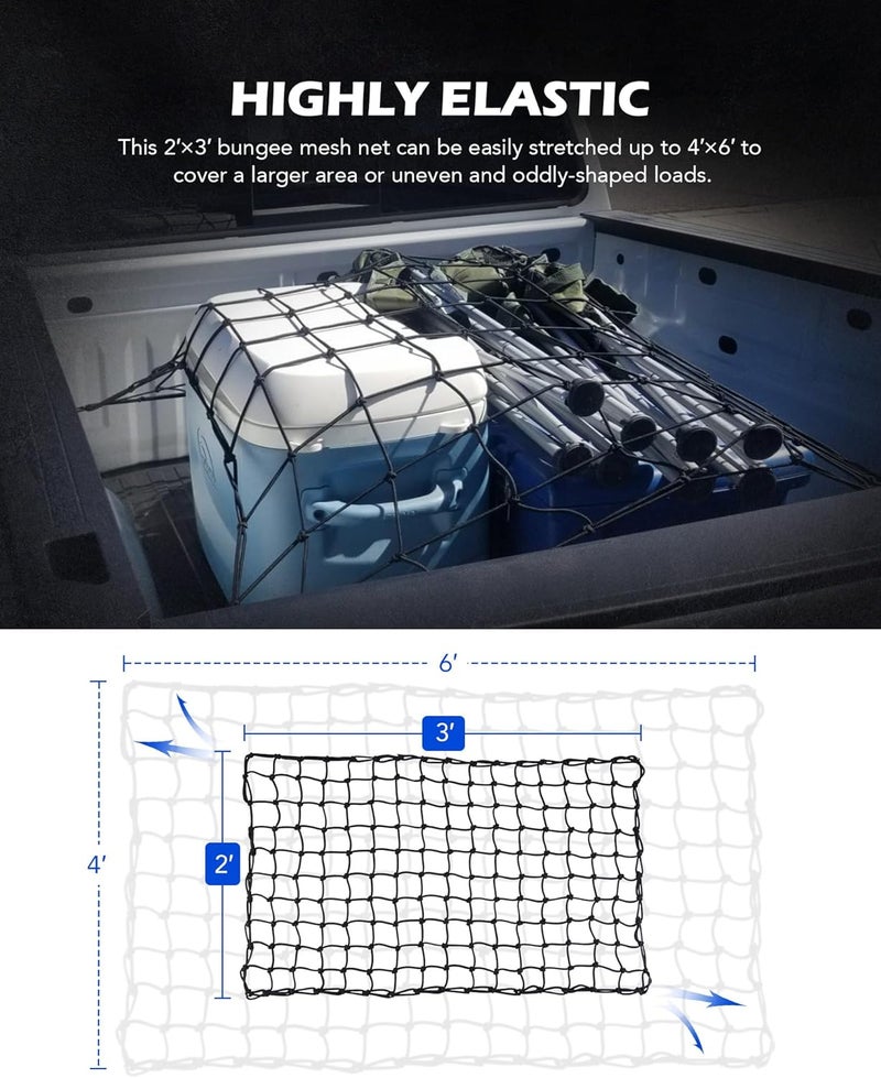 Orion Motor Tech شبكة شحن صغيرة مقاس 2×3 أقدام من أوريون موتور تيك بشبكة صغيرة 2×2 بوصات، شبكة شحن بحجم أقصى 4×6 أقدام لسلة حامل سقف سيارة الدفع الرباعي مع كاربينيرات قفل وشريط ربط، شبكة حامل سقف منزلي وصناعي خفيف - Image 4