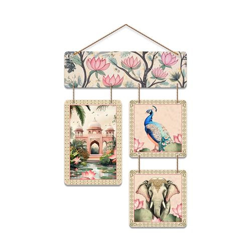 Artvibes Artistic Elephant Peacock & Tomb Pichwai Art Wooden Wall Hanger for Home Decor | Living Room | Office | Wall Art Painting For Hall | Graphic Artwork | Wall Poster | Unique Gift (WH_6536N) - Image 1