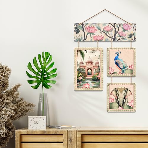 Artvibes Artistic Elephant Peacock & Tomb Pichwai Art Wooden Wall Hanger for Home Decor | Living Room | Office | Wall Art Painting For Hall | Graphic Artwork | Wall Poster | Unique Gift (WH_6536N) - Image 2
