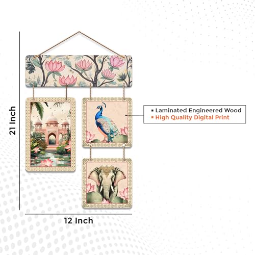 Artvibes Artistic Elephant Peacock & Tomb Pichwai Art Wooden Wall Hanger for Home Decor | Living Room | Office | Wall Art Painting For Hall | Graphic Artwork | Wall Poster | Unique Gift (WH_6536N) - Image 5