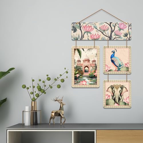 Artvibes Artistic Elephant Peacock & Tomb Pichwai Art Wooden Wall Hanger for Home Decor | Living Room | Office | Wall Art Painting For Hall | Graphic Artwork | Wall Poster | Unique Gift (WH_6536N) - Image 3