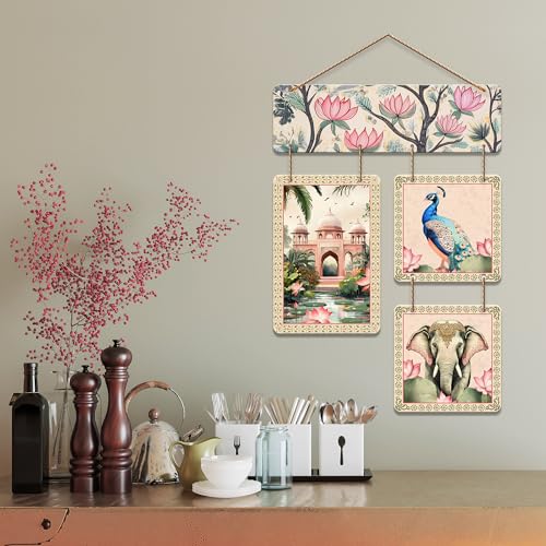 Artvibes Artistic Elephant Peacock & Tomb Pichwai Art Wooden Wall Hanger for Home Decor | Living Room | Office | Wall Art Painting For Hall | Graphic Artwork | Wall Poster | Unique Gift (WH_6536N) - Image 4