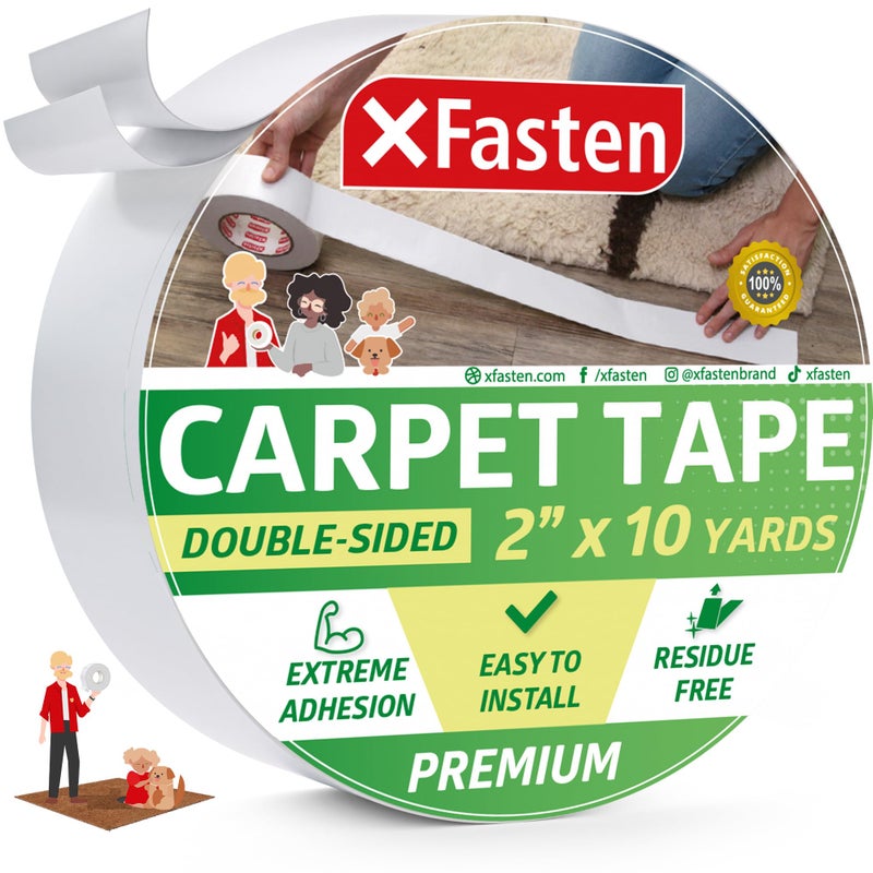 XFasten Carpet Tape for Hardwood Floors 2â€x10yds No Residue Rug Tape Hardwood Floor, Strong Double Sided Carpet Tape Heavy duty Rug Tape for Area Rugs on Carpet Adhesive Tape for Rugs to Stay in Place - Image 1
