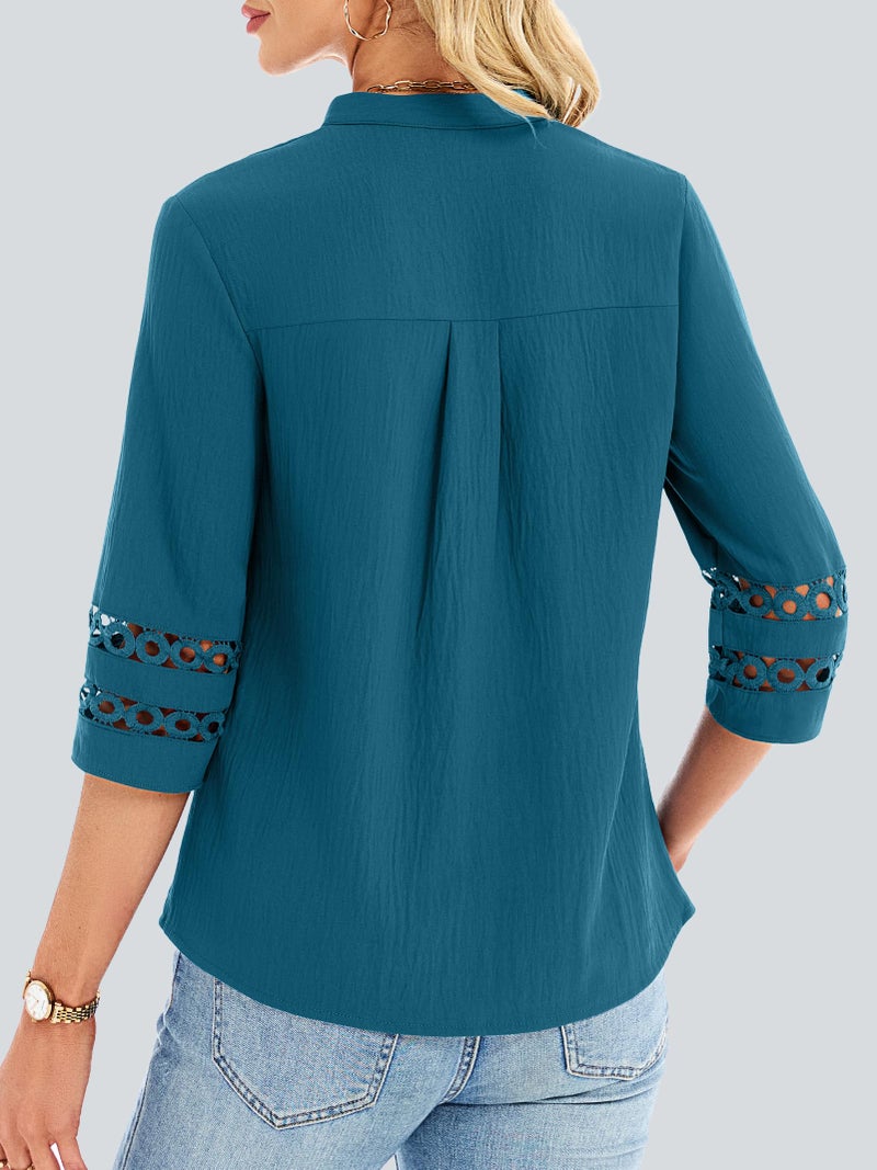 Funlingo Womens 3/4 Sleeve Tops Spring Fashion V Neck Dressy Casual Blouses Business Work Tunic Pleated Shirts Fashion Clothes Loose Fit Trendy Teal L - Image 4