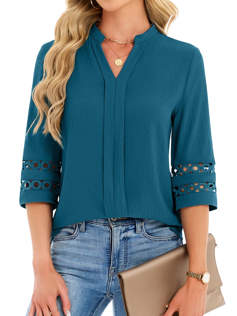 Funlingo Womens 3/4 Sleeve Tops Spring Fashion V Neck Dressy Casual Blouses Business Work Tunic Pleated Shirts Fashion Clothes Loose Fit Trendy Teal L - Image 1
