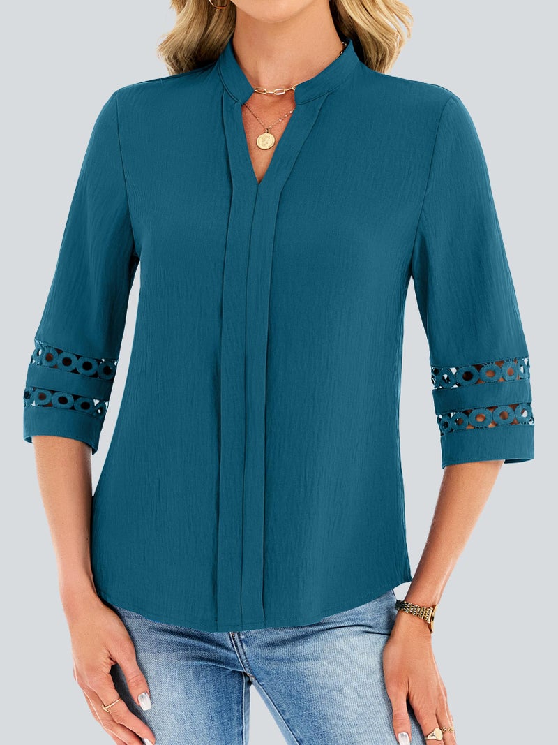 Funlingo Womens 3/4 Sleeve Tops Spring Fashion V Neck Dressy Casual Blouses Business Work Tunic Pleated Shirts Fashion Clothes Loose Fit Trendy Teal L - Image 2