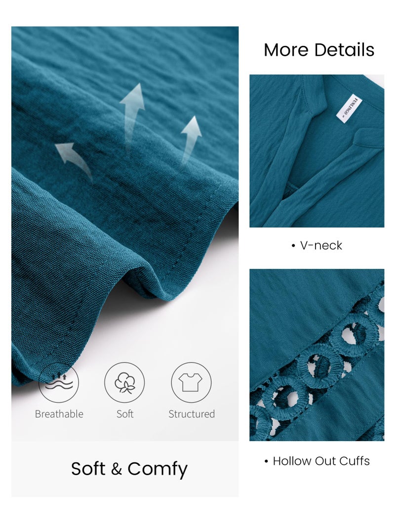 Funlingo Womens 3/4 Sleeve Tops Spring Fashion V Neck Dressy Casual Blouses Business Work Tunic Pleated Shirts Fashion Clothes Loose Fit Trendy Teal L - Image 5