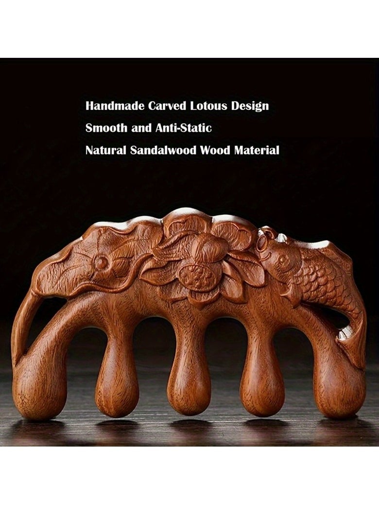 Generic 1pc Natural Handmade Pure wood Five-tooth meridians comb portable gold wire sandalwood comb wide tooth head scalp meridians scraping massage comb Wooden Comb for Men and Women (Lotus Fish)  - Image 1
