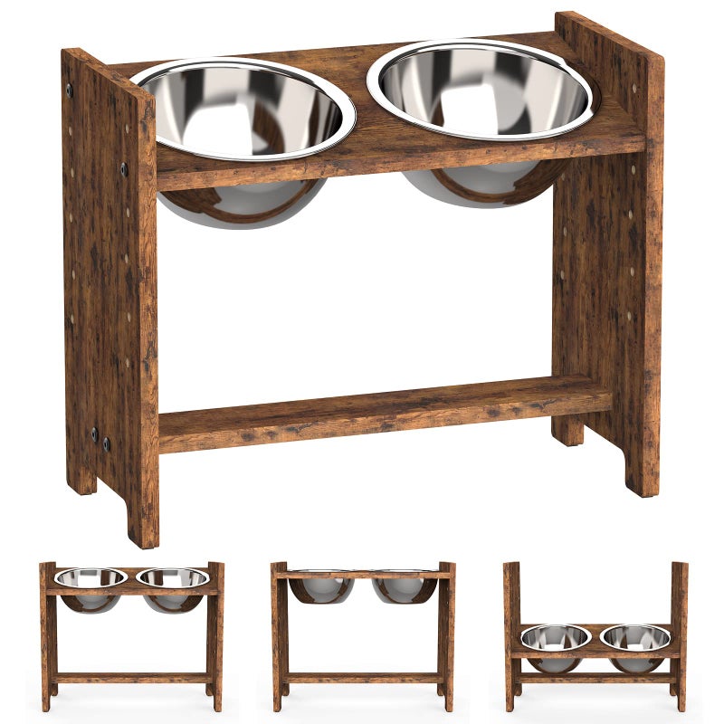 Vantic Elevated Dog Bowls, Adjustable Raised Dog Bowl Stand for Large and XLarge Pet, Sturdy Particle Board Food Feeder with 2 Stainless Steel Dishes, Rustic Brown - Image 1