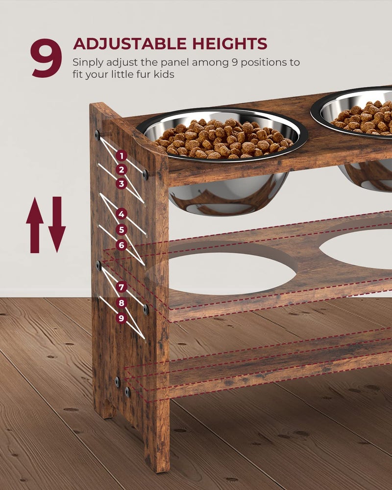 Vantic Elevated Dog Bowls, Adjustable Raised Dog Bowl Stand for Large and XLarge Pet, Sturdy Particle Board Food Feeder with 2 Stainless Steel Dishes, Rustic Brown - Image 2