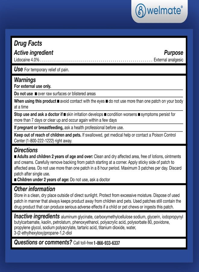 WELMATE - 4% Lidocaine Numbing Patch - Maximum Strength - Temporary Relief of Pain, Back, Neck, Shoulders, Knees, Elbows, Minor Skin Irritations - Topical Analgesic Unscented - 30 ct - Image 5