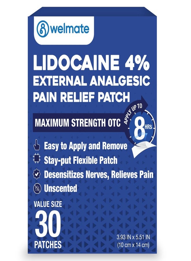WELMATE - 4% Lidocaine Numbing Patch - Maximum Strength - Temporary Relief of Pain, Back, Neck, Shoulders, Knees, Elbows, Minor Skin Irritations - Topical Analgesic Unscented - 30 ct - Image 1