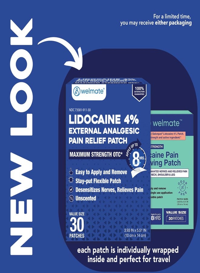 WELMATE - 4% Lidocaine Numbing Patch - Maximum Strength - Temporary Relief of Pain, Back, Neck, Shoulders, Knees, Elbows, Minor Skin Irritations - Topical Analgesic Unscented - 30 ct - Image 2