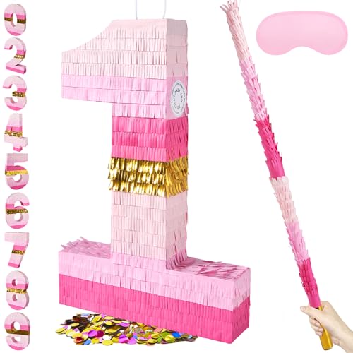 PCFING 20 Inch Number 1 Piata Pink Gold with 30 Inch Piata Stick Blindfold Confetti for Boys Girls Adults Birthday Party Decorations Anniversary Celebration Fiesta - Image 1