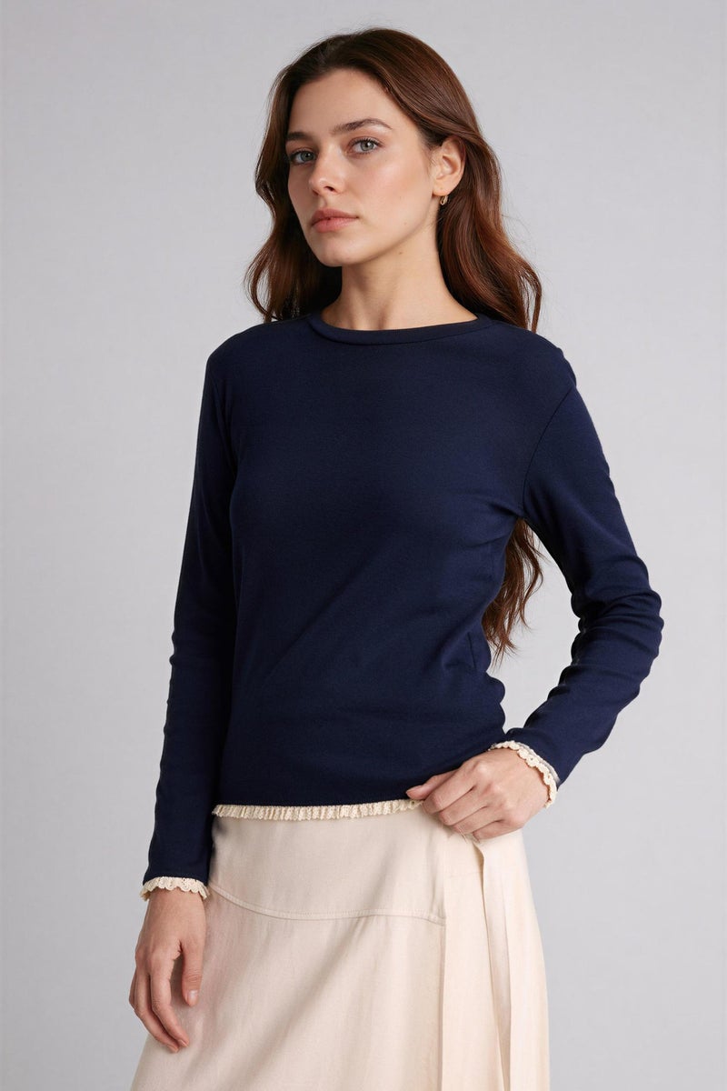 DeFacto Blue Woman Slim Fit Long Sleeve Blouse Casual - Image 3