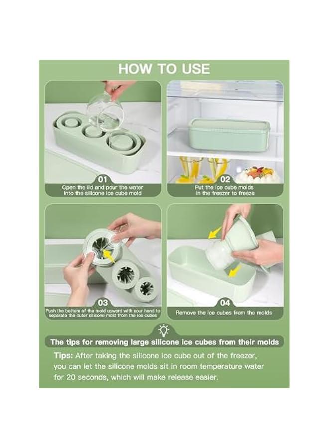 هوكور صينية مكعبات ثلج لأكواب الأكواب، 3 قطع قالب ثلج أسطواني من السيليكون مع غطاء وصندوق للمجمد، لتبريد المشروبات، العصير، الويسكي، الويسكي، الكوكتيل، القهوة، صانع ثلج سهل التعبئة والتحرير، هدايا صيفية (أخضر) - Image 4