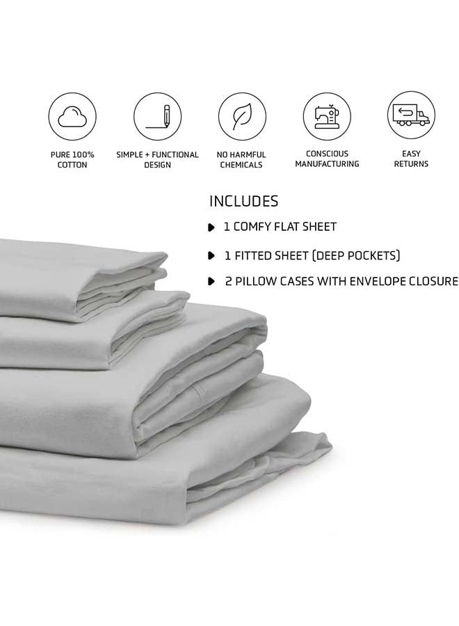 RocketLinen Light Grey 400 Thread Count Single Bed or Kids Bed 3 Piece Sheet Set Flat Sheet, Fitted Sheet & 1 Pillowcase 100% Long Staple Cotton Sateen Weave All Weather Hotel Style (Twin/Single) - Image 2