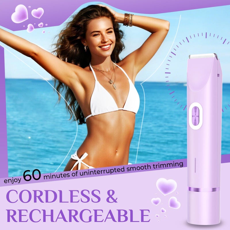 Mpotmiy New 2-in-1 Electric Bikini Trimmer for Women - Dual Head Electric Razor,Waterproof Painless Bikini Shaver, Pubic Hair Trimmer for Private Area & Body Hair, Purple - Image 5